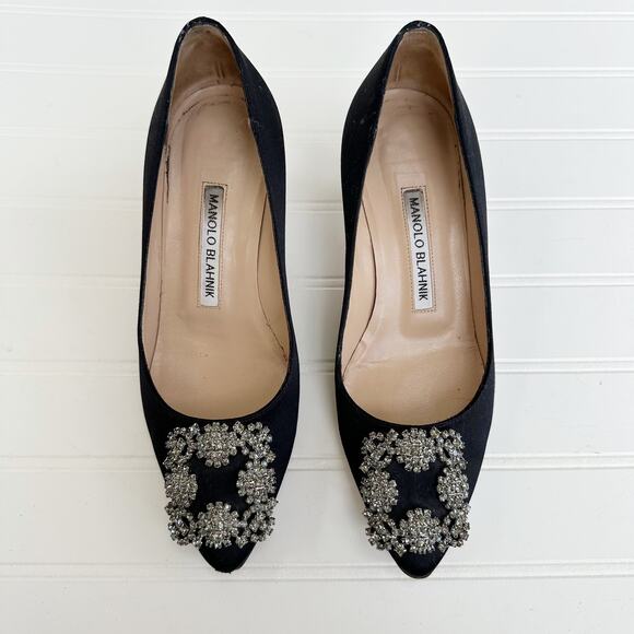 Manolo Blahnik Hangisi Black Satin Crystal Buckle Pumps Embellished Heels 36 - Picture 1 of 7